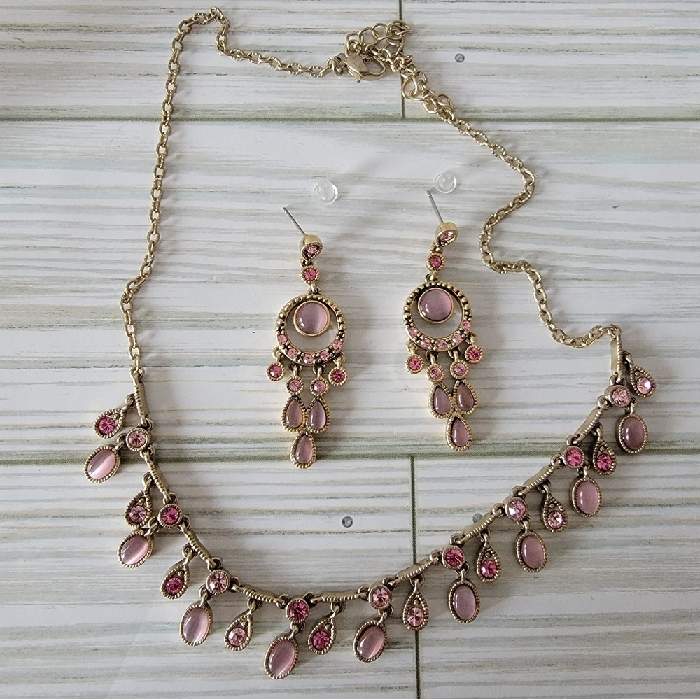 Y2K Pink Cabochon Rhinestone Chandelier Necklace Earrings Set